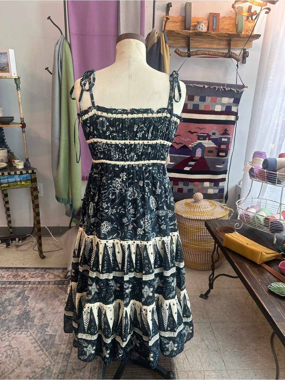 Christian Lacroix Navy and Cream Tiered Midi Dress Boho Cotton S - Picture 5 of 7